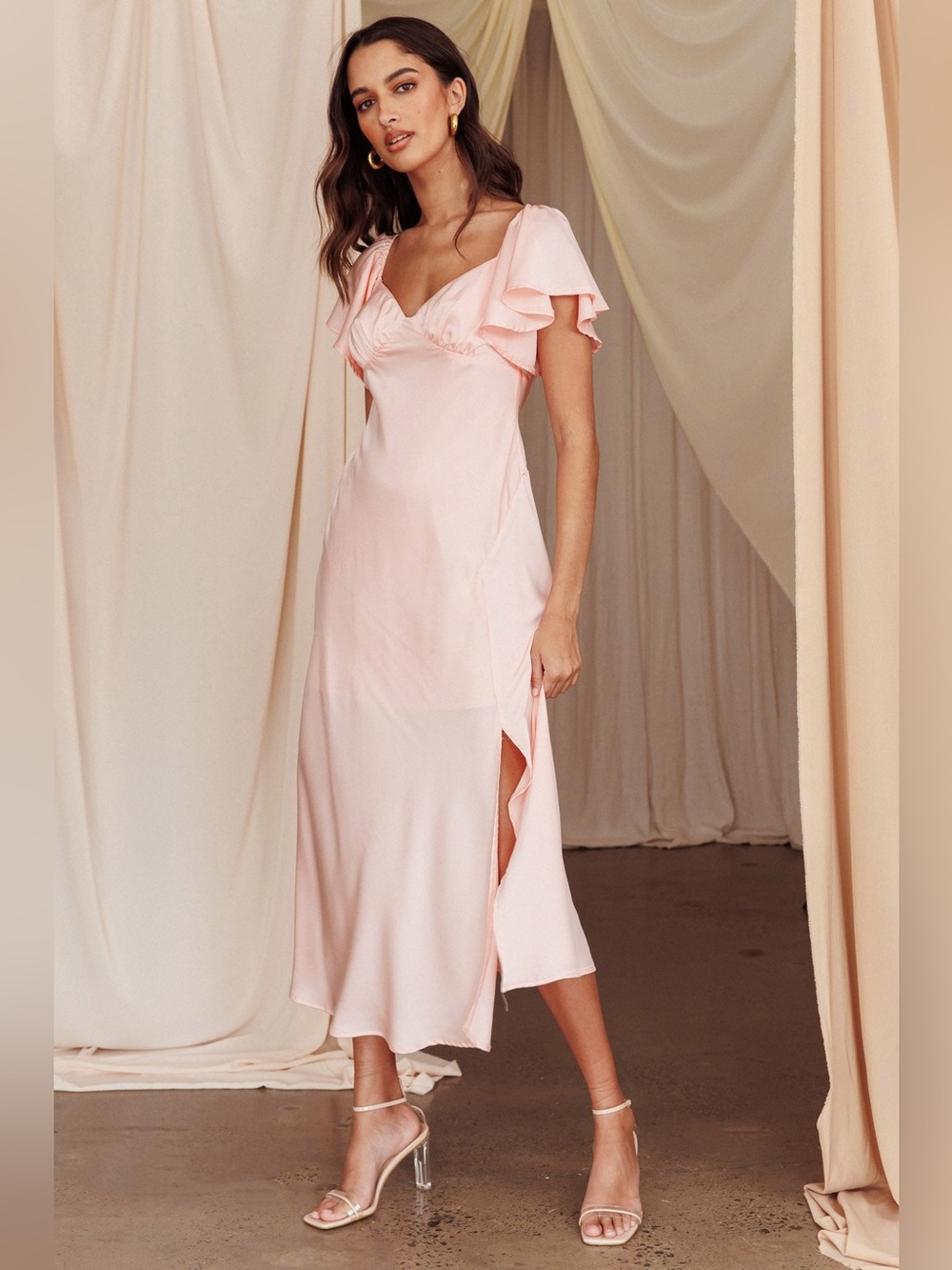 Selfie Leslie Park Avenue Flutter Sleeve Side Split Midi Dress – Blush Pink NWT